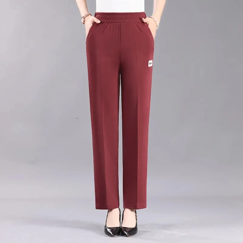 Calça de elástico respirável feminina, cintura alta, solta, casual, perna reta, legal, monocromática, verão, 2024