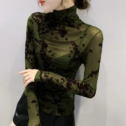 #8436 Khaki Green Basic Mesh T Shirt Women Casual Vintage Printed T Shirt Femme Sexy Thin Tight  See Through Women's T-shirt 3XL