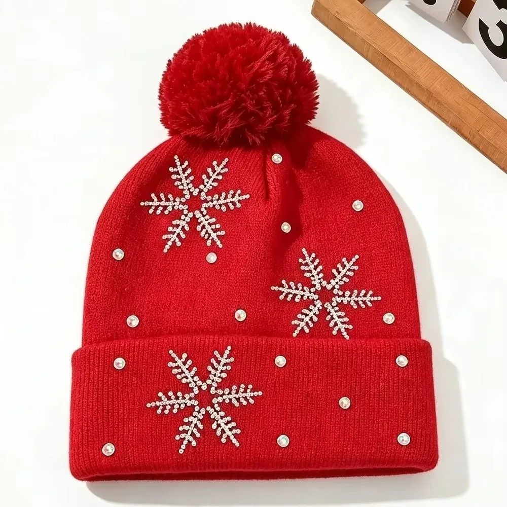 Thickened Women Snowflake Knitted Hat Ear Protection Snowflake Rhinestone Pullover Hat Elastic Warm Warm Beanie Hat Riding