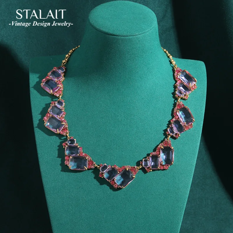 

Антикварные ювелирные изделия, розовые стразы, прозрачные фиолетовые прямоугольные колье, короткие ожерелья для женщин, винтажные аксессуары, новинка