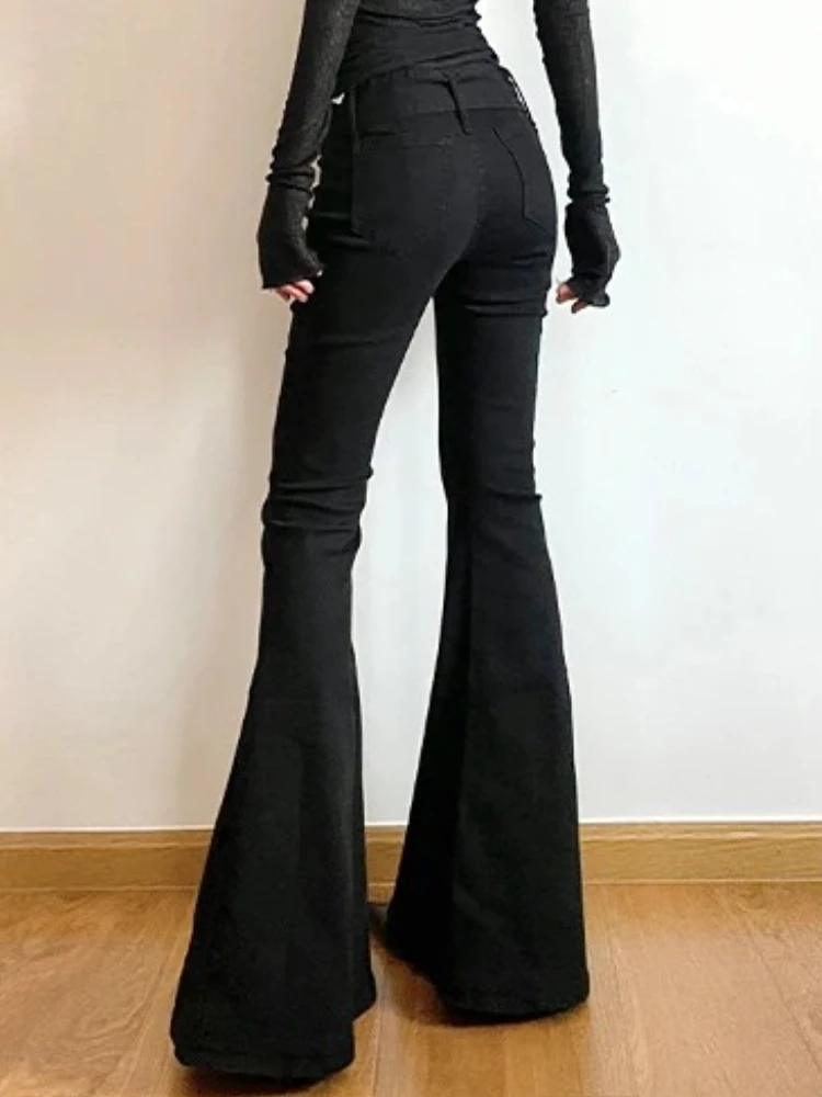 Celana Jeans Hitam Model Flare Y2k Retro Wanita E-Girl 2000-an Streetwear Fashion Celana Harajuku Lebar Yoga Pants 90-an Pakaian Estetik