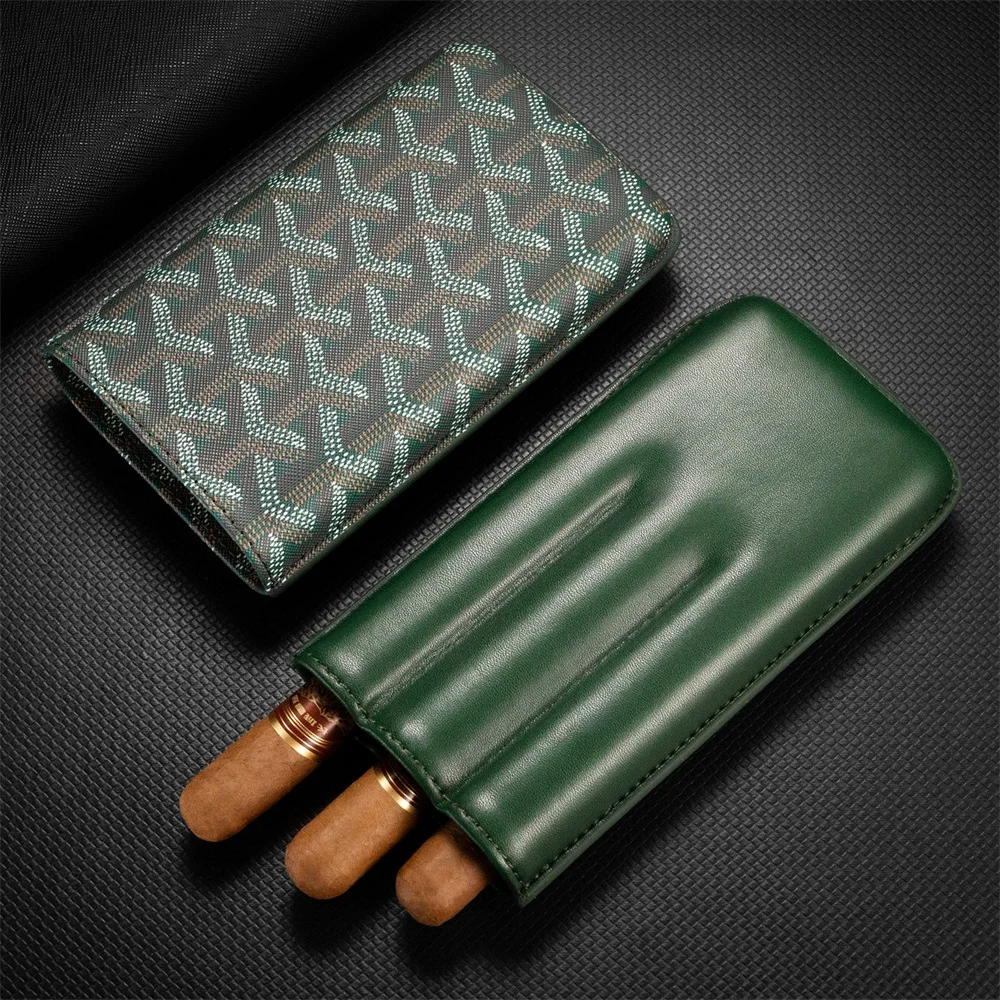 Portable Leather 3 Finger Cigar Case Holder Fashionable Dog Tooth Pattern Wear Proof for Travel and Party Must-have