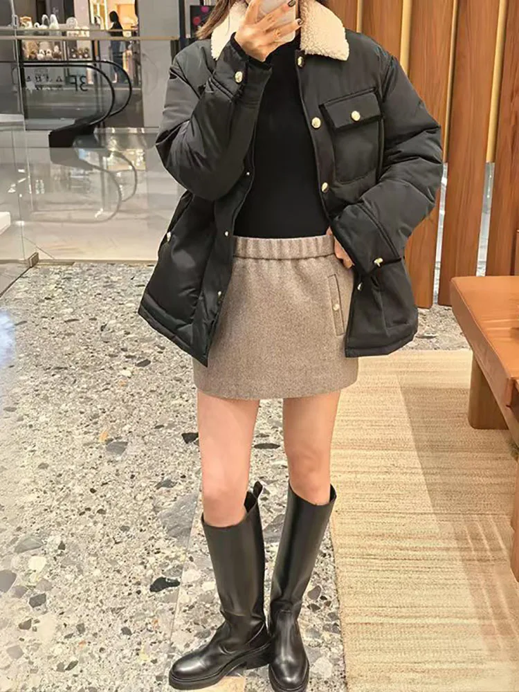 

Новинка осени/зимы 202, однобортная повседневная свободная куртка контрастного цвета с воротником из овечьей кожи и большими карманами для женщин