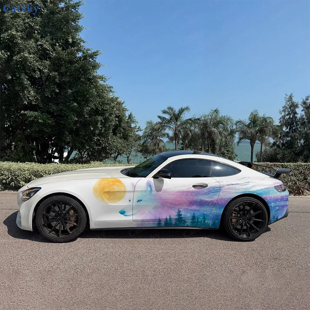 2pcs Aurora Gradient Wolf Head Car Side Wraps, Self-Adhesive PVC Waterproof & Scratch-Resistant Stickers, Car Accessory Gift