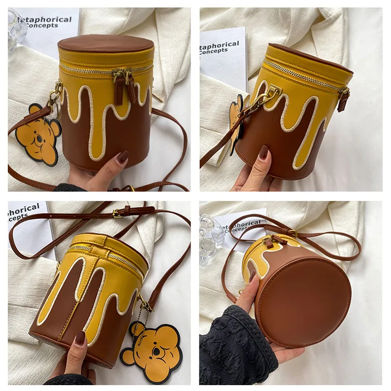 Disney Bucket Bags For Women Cute Cartoon Winnie the Pooh Honeypot PU Female Round Box Bag Crossbody Shoulder Bucket Makeup Bag