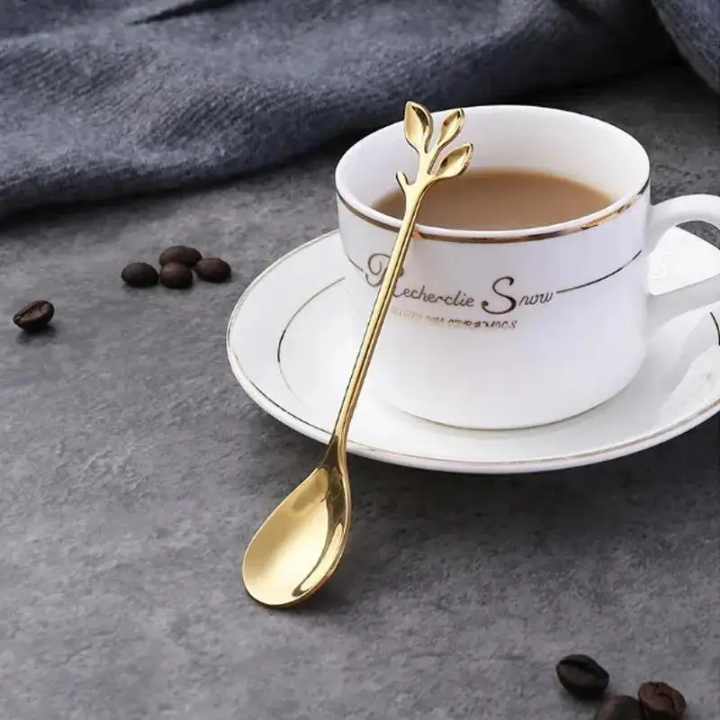 6PCS Creative Personality Stainless Steel Gold Spoons Tree Leaf Spoon Coffee Spoon Tea Spoon Home Restaurant Dessert Cutlery Set