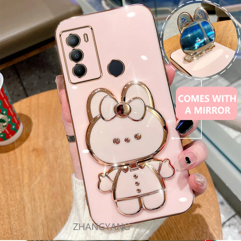 Case For Moto G60 G40F Electroplated straight edge silicone phone case cute 3D rabbit with built-in mirror for anti drop image 5