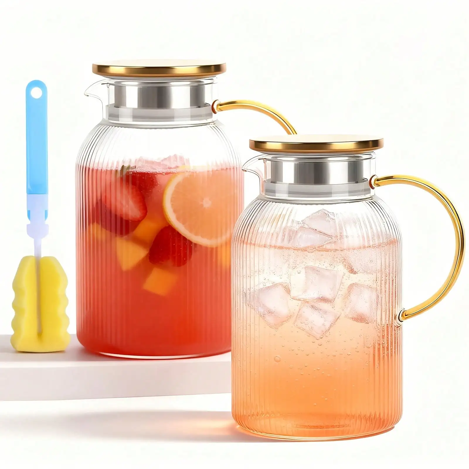 Glass Pitcher Set with Lid, 2 Pcs, Cold Water Carafe, Gold Tone Handle, Cleaning Brush, for Kitchen Home Party