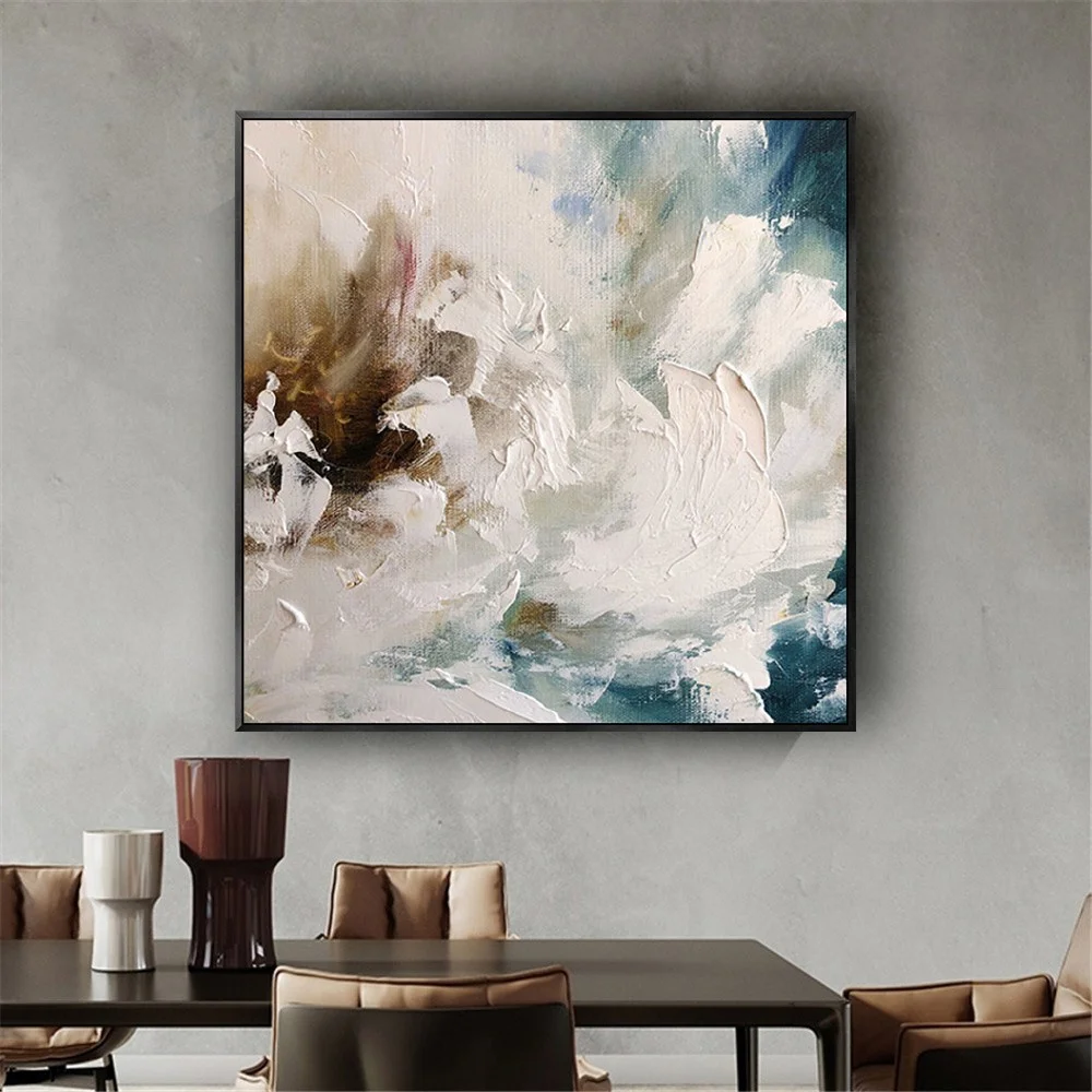 100% Hand-painted Oil Paintings Abstract White Base Pattern Flowers Picture Modern Canvas Paint Living Room Decor Wall Art