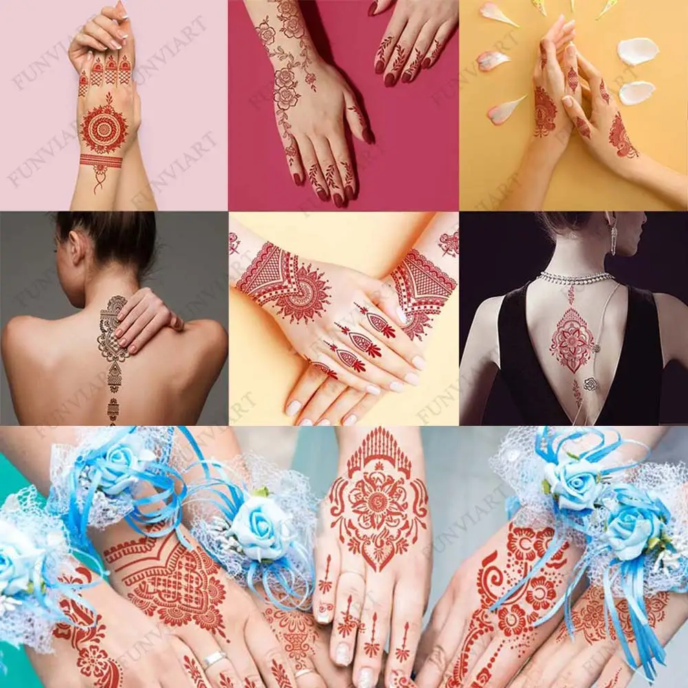 10 Pcs/Set Maroon Color Henna Tattoo Stickers for Hand Brown Red Henna Tattoos for Women Waterproof Temporary Mehndi Tattoo Fake