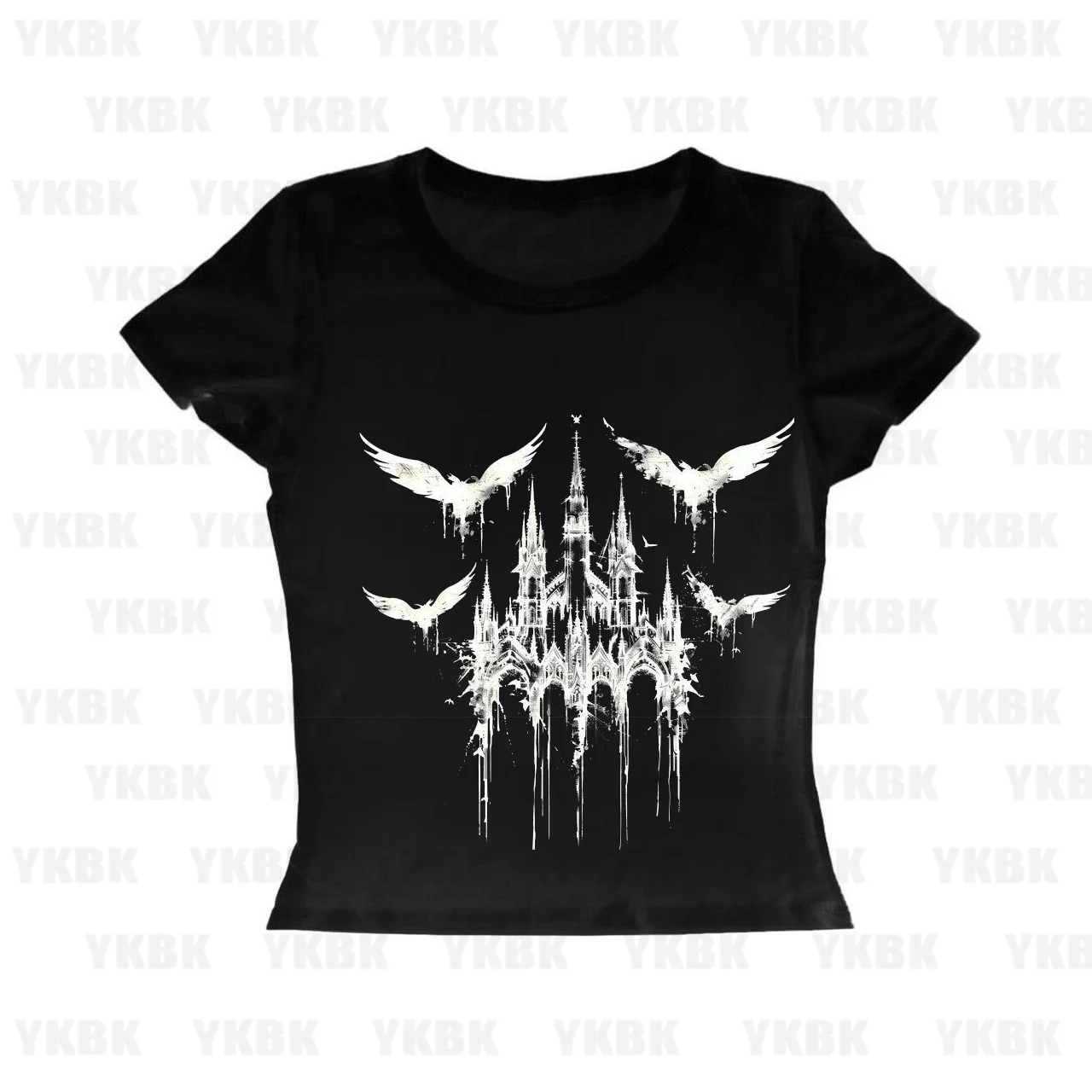 Vintage Punk Kurzarm O-Ausschnitt Harajuku Kreatives Fledermaus-Muster Print T-Shirt Y2K Mode Ästhetik 90er Slim Damen T-Shirt Crop Top