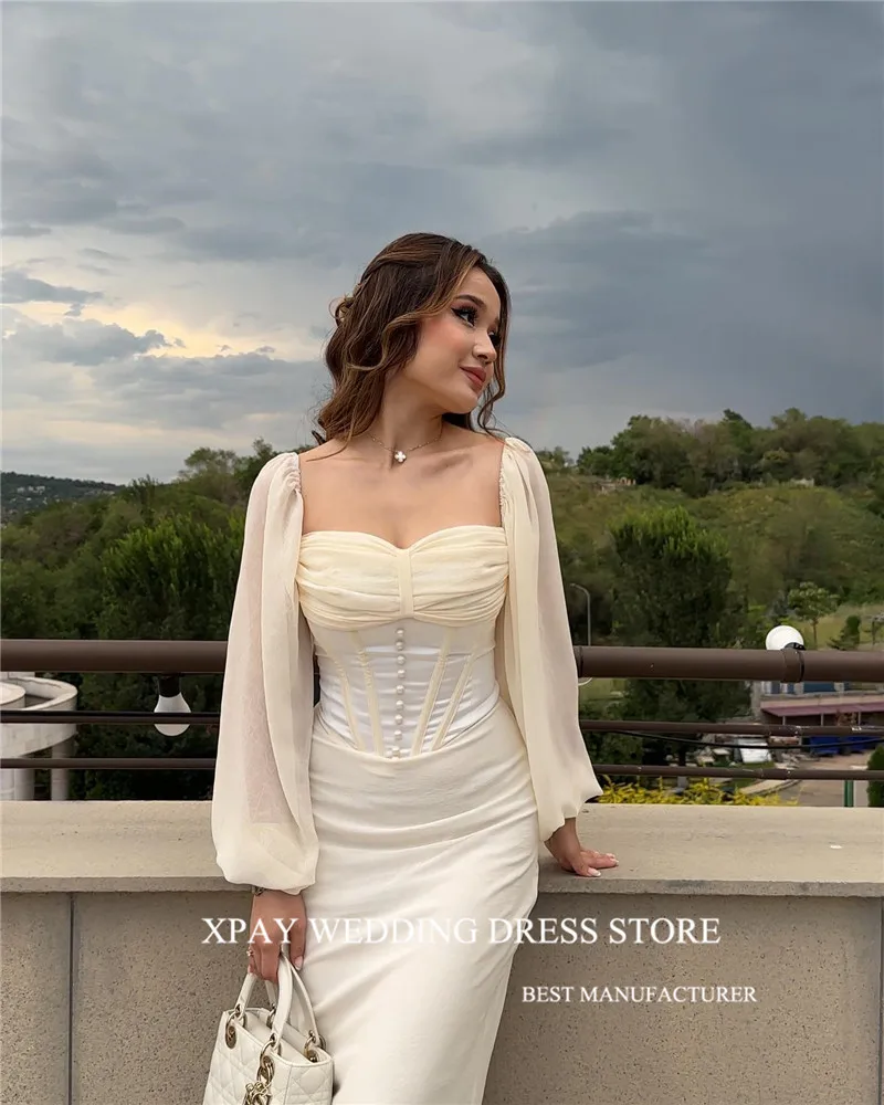 XPAY Elegant Ivory Dubai Arabic Mermaid Evening Dresses Puff Long Sleeves SweetheartSoft Silk Boning Formal Party Prom Dress