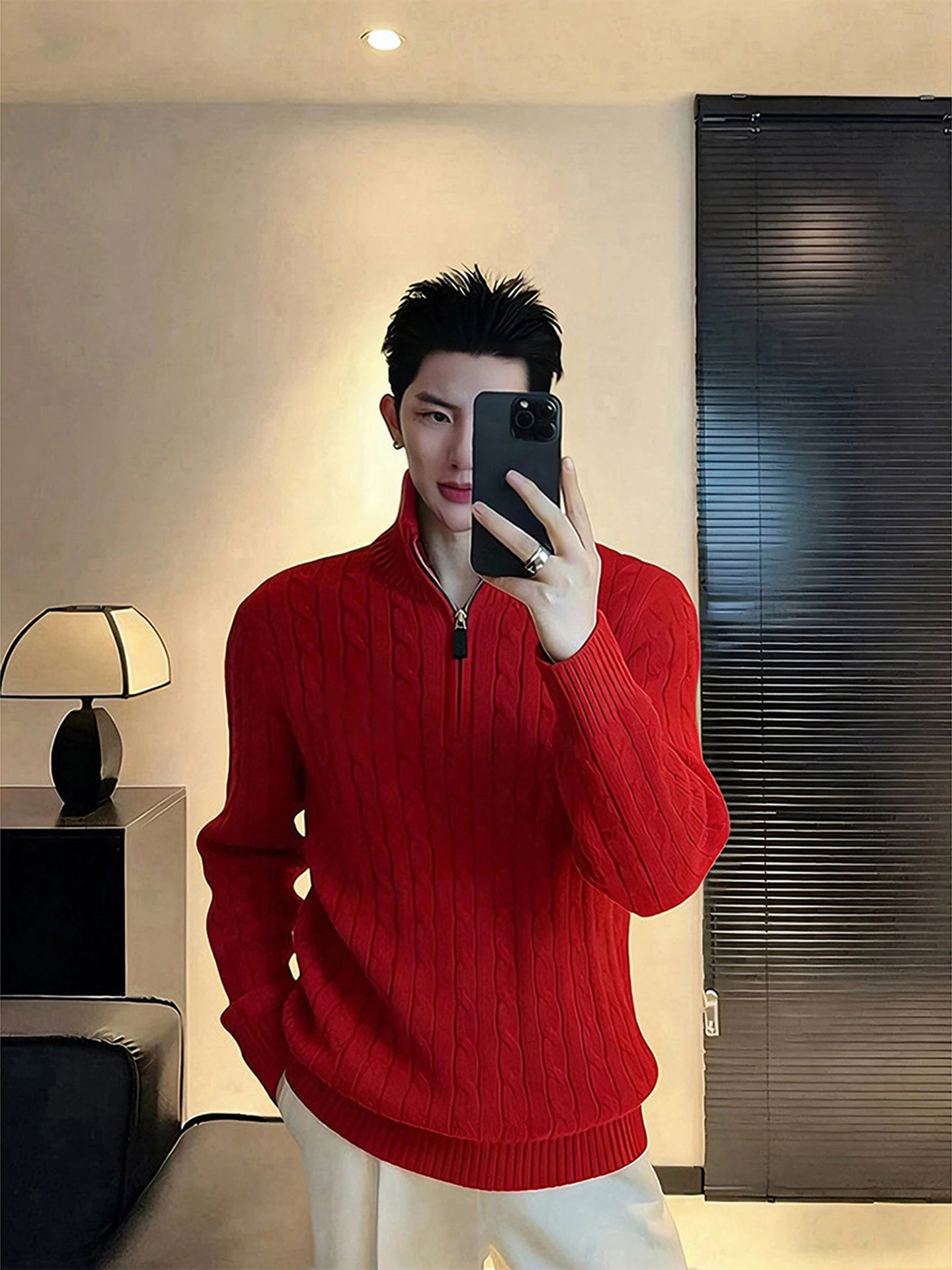 

Red Zipper Knitted Sweater for Men Casual Sle f Zipper Autumn Winter Faionable Texture Pattern New Year Celebration Wear