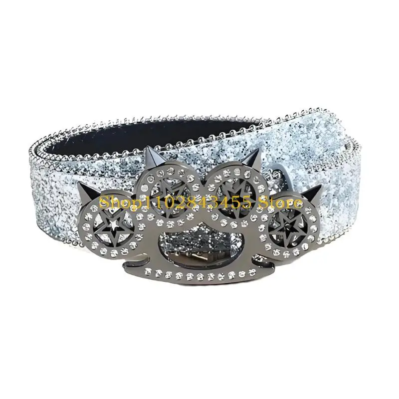 49MC Footprint Clasp Waist Belt with Shimmering Trim, Pointed Accents, Leather Strap and Snap Closure for Daily Styling, 107 cm