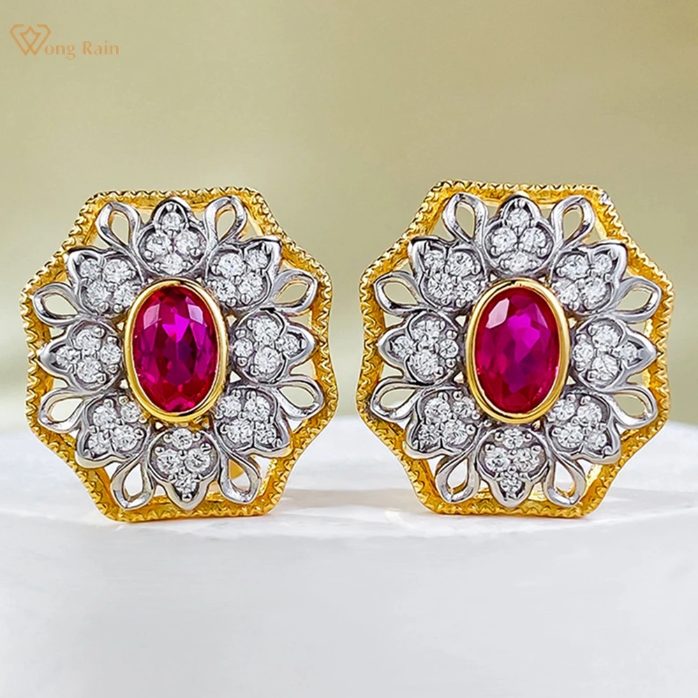 

Wong Rain 18K Gold Plated 925 Sterling Silver Oval 4*6MM Ruby High Carbon Diamond Gemstone Women Earrings Fine Jewelry Ear Studs