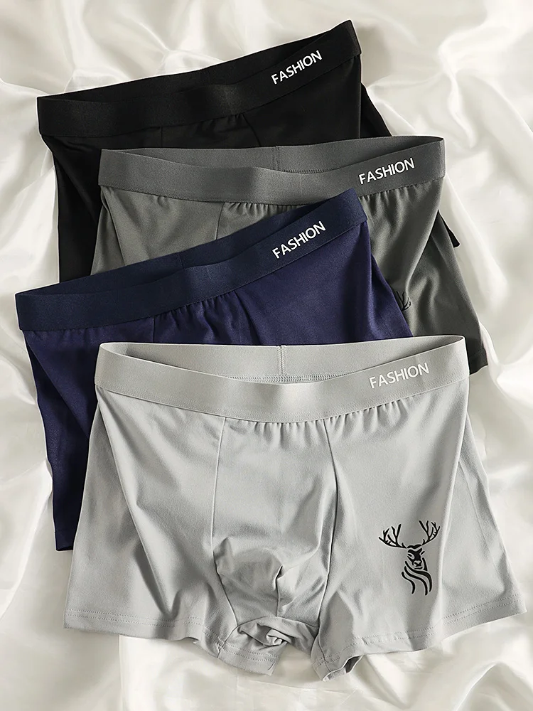 

4-Piece Men's Polyester Mid-Waist Boxer Briefs Set - "FASHION" Waistband with Deer Pattern