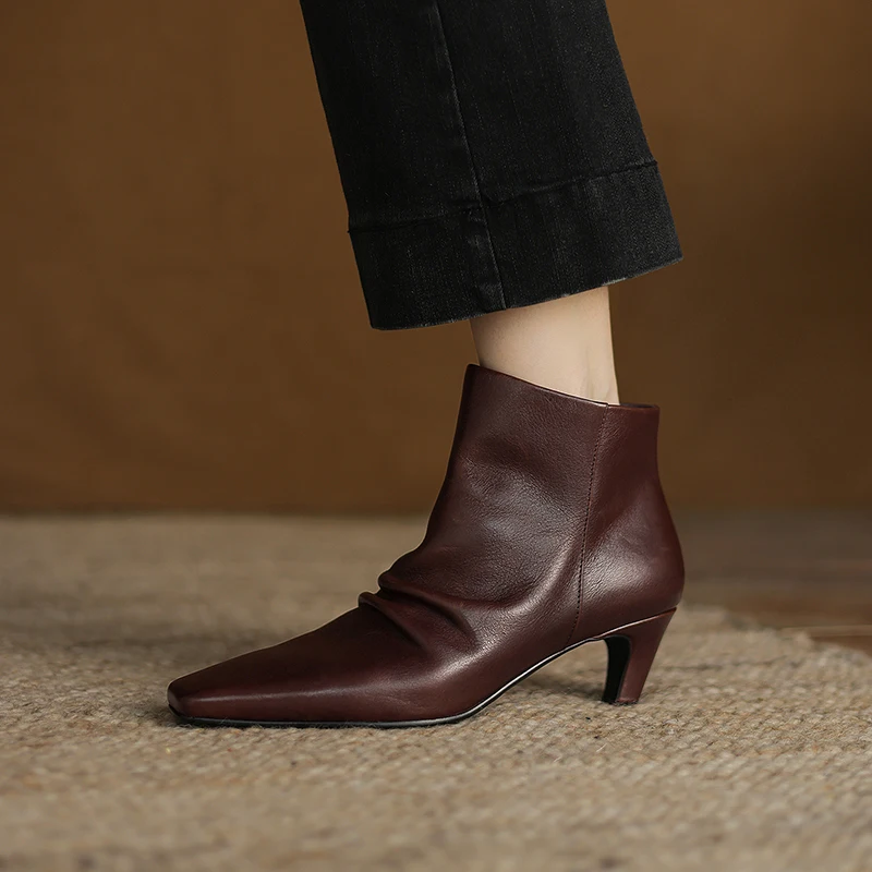 

2025 New Winter Fashion Women Shoes High Quality Genuine Leather Square Toe Ankle Boots High Heels Party Short Boots Shoes Woman