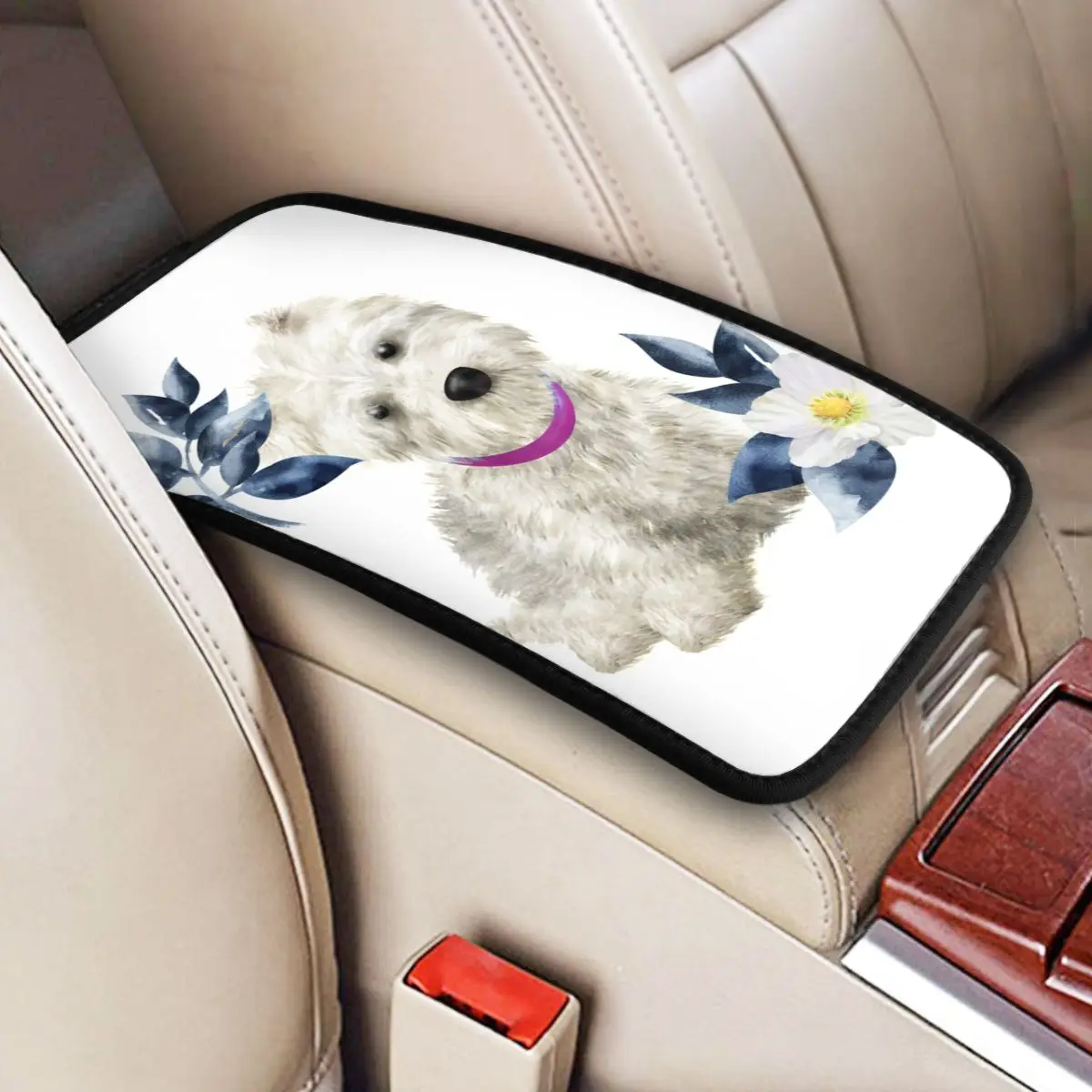 Westie And Flowers Car Armrest Cover Luxury West Highland White Terrier Dog Center Console Pad Storage Box Protection Mat