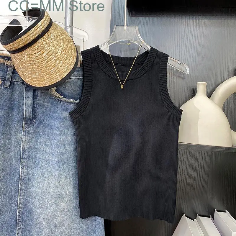 New Striped Knitted Tank Top for Women Sleeveless O Neck Vintage Slim Chic Crop Top Office Ladies Casual Top