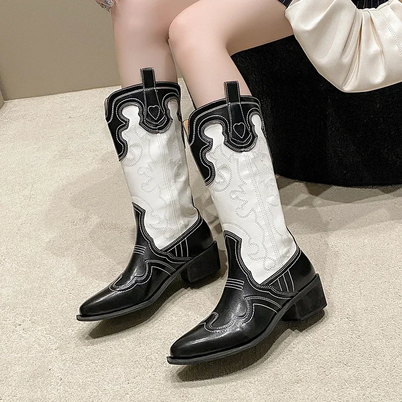 Autumn New Retro Embroidered Knight Boots Pointed Toe Thick Heel Mid-Tube Color Matching Fashion Luxury Western Cowboy Boots