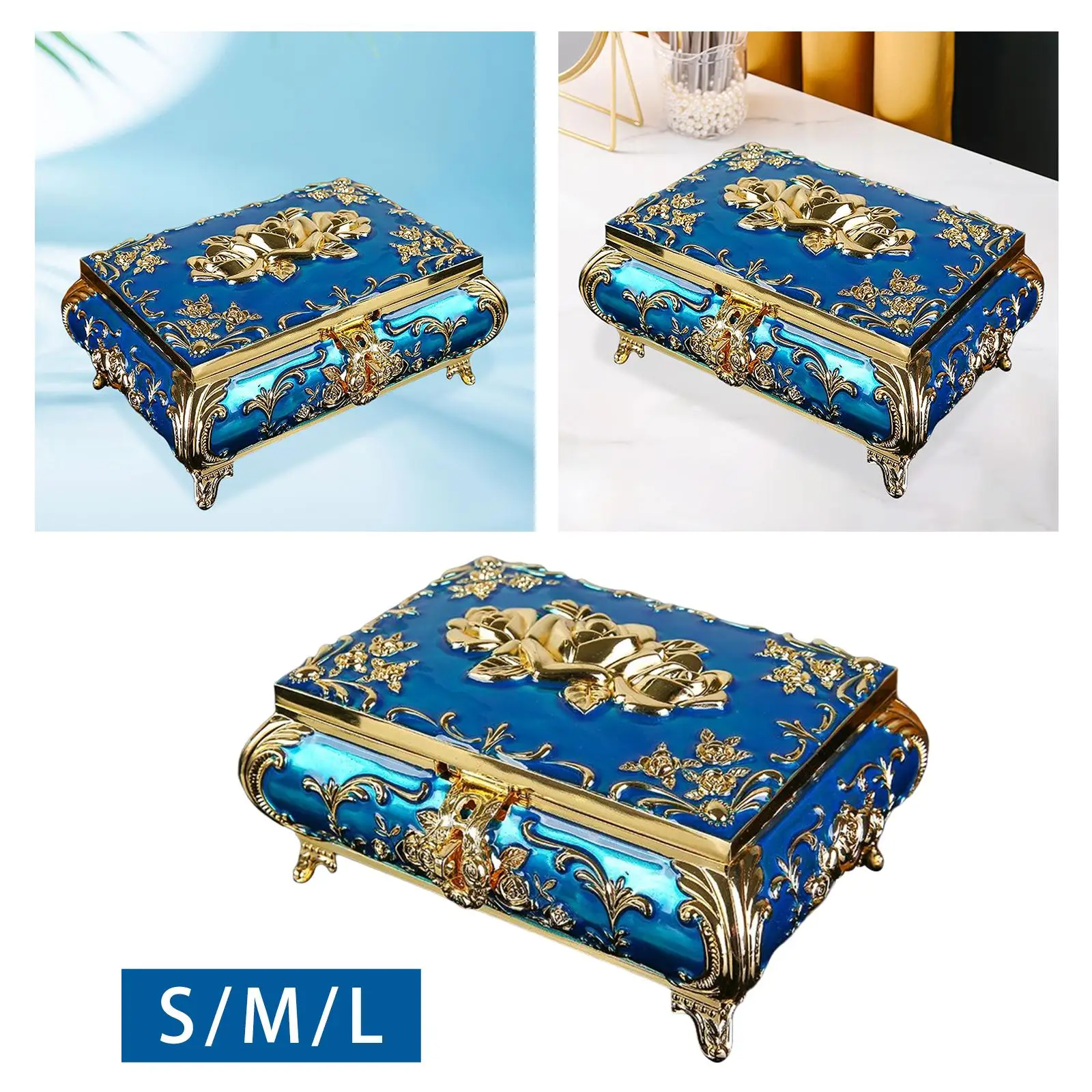

Golden Rose Engraved Trinket Box Blue Jewelry Box Keepsake for Rings, Earrings,
