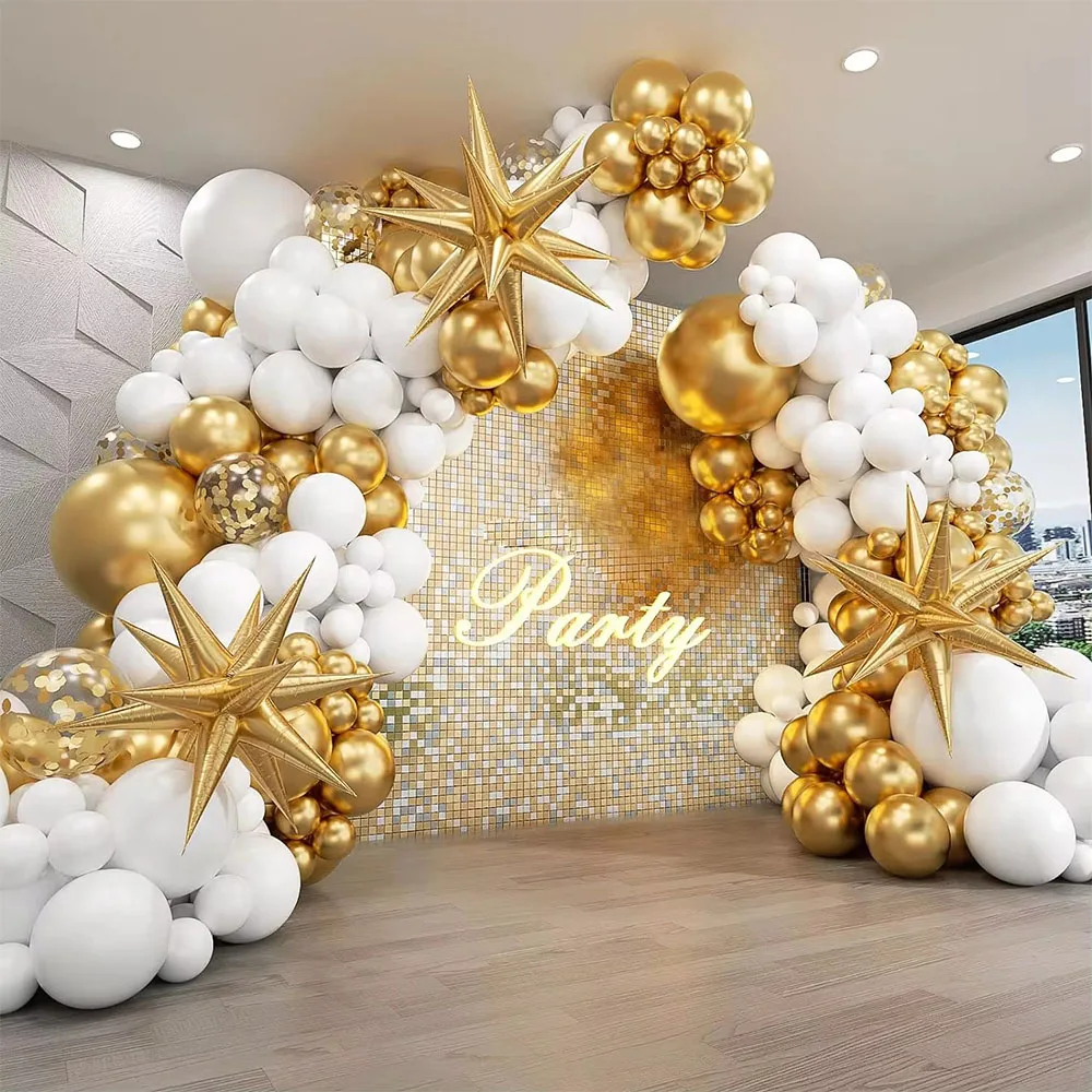 

129Pcs White and Gold Balloons Garland Arch Kit with Starburst Foil Balloons for Wedding Anniversary Birthday Party Decorations