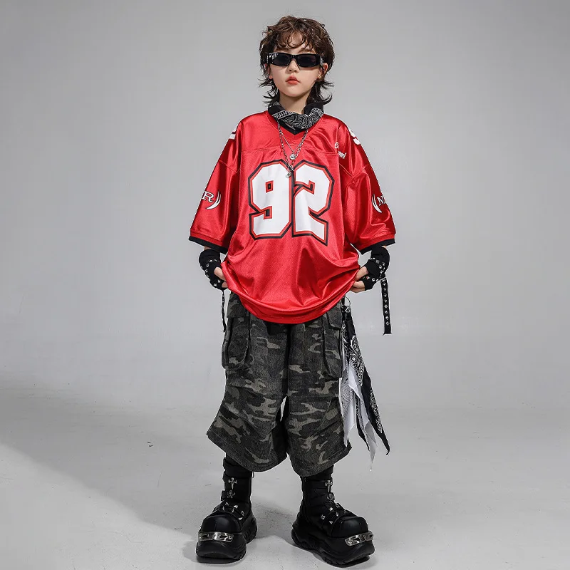 Ropa de Hip Hop Kpop para chico, camiseta roja con cuello en V, pantalones cortos Cargo informales de camuflaje para niñas y niños, Ropa de baile de Jazz, disfraces