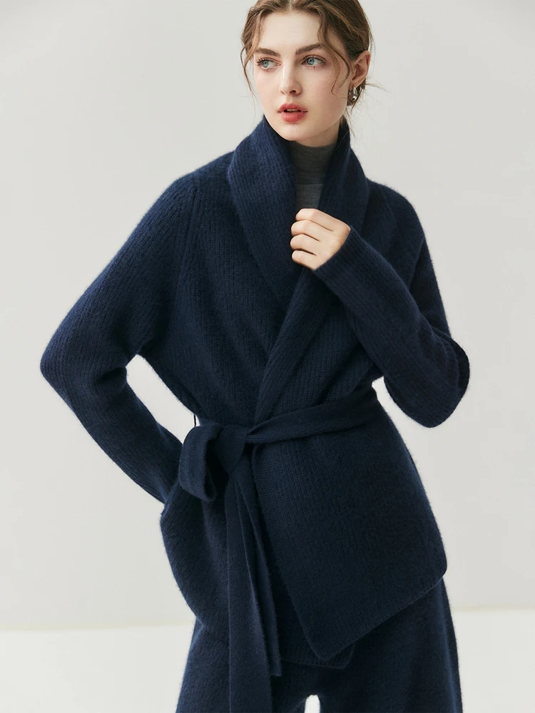 TLOML Women 100% Cashmere Sweater Luxury Bathrobe Cashmere Cardigan Autumn Winter Cashmere Knitwear Comfy Warm Thicken Belt Coat