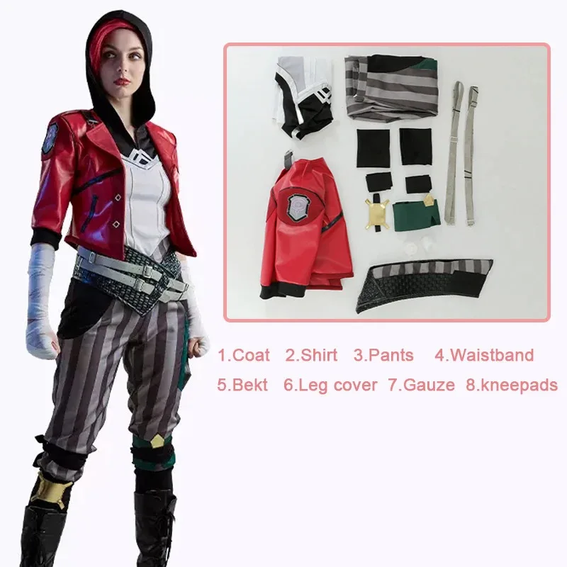 Game LoL Arcane VI Cosplay Costume Wig VI Uniforms Red Leather Jacket Coat Halloween Party Carnival Role Play Outfits Shoes Boot
