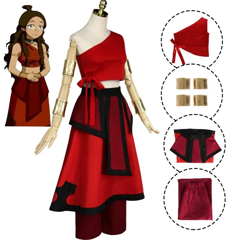 

Anime Aar The Last Airbender Cosplay Katara Fire Nation Cosplay Costume Red Uniform Adult Women Halloween Carnival Clothes