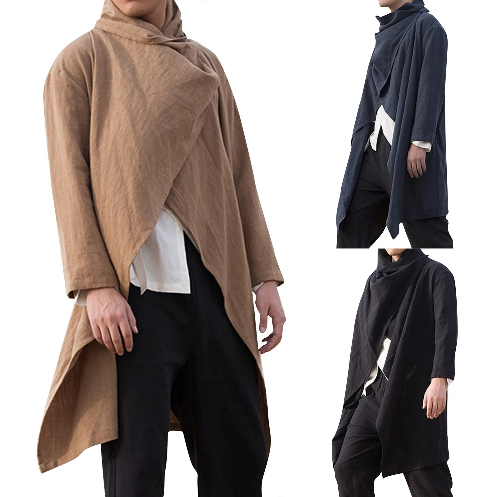 Men's Retro Jackets Trench Windbreaker Casual Cotton Solid Color Scarf Collar Irregular Long Sleeve Cloak Loose Stylish New