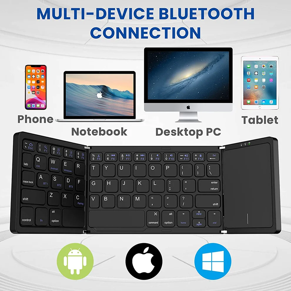 JOMAA Wireless Bluetooth Keyboard With Touchpad Rechargeable Foldable Keyboard With Trackpad Support 3 Devices For Tablet