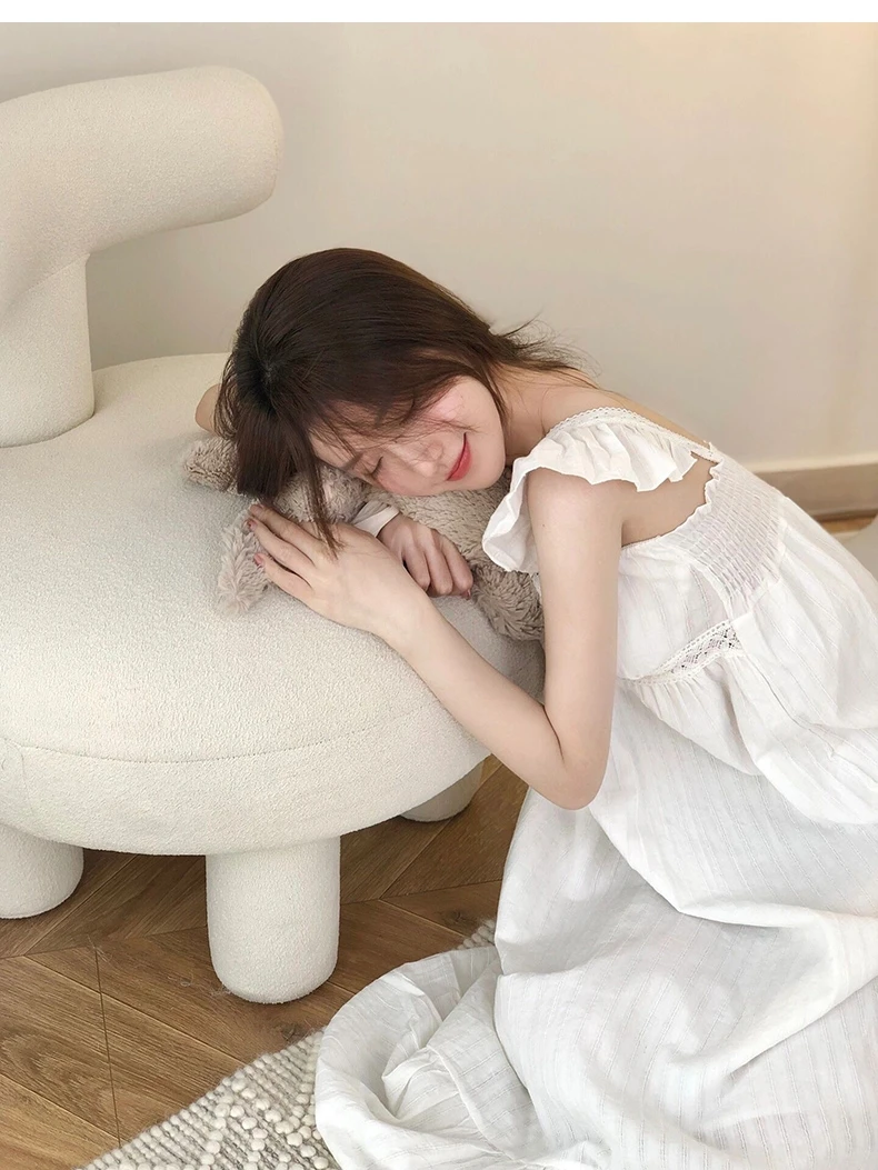 

Pure Cotton Lace Nightgown Women's Summer Home Clothes V-Ne Long Svel Dr with Chest Pad Sweet Sle Spwear