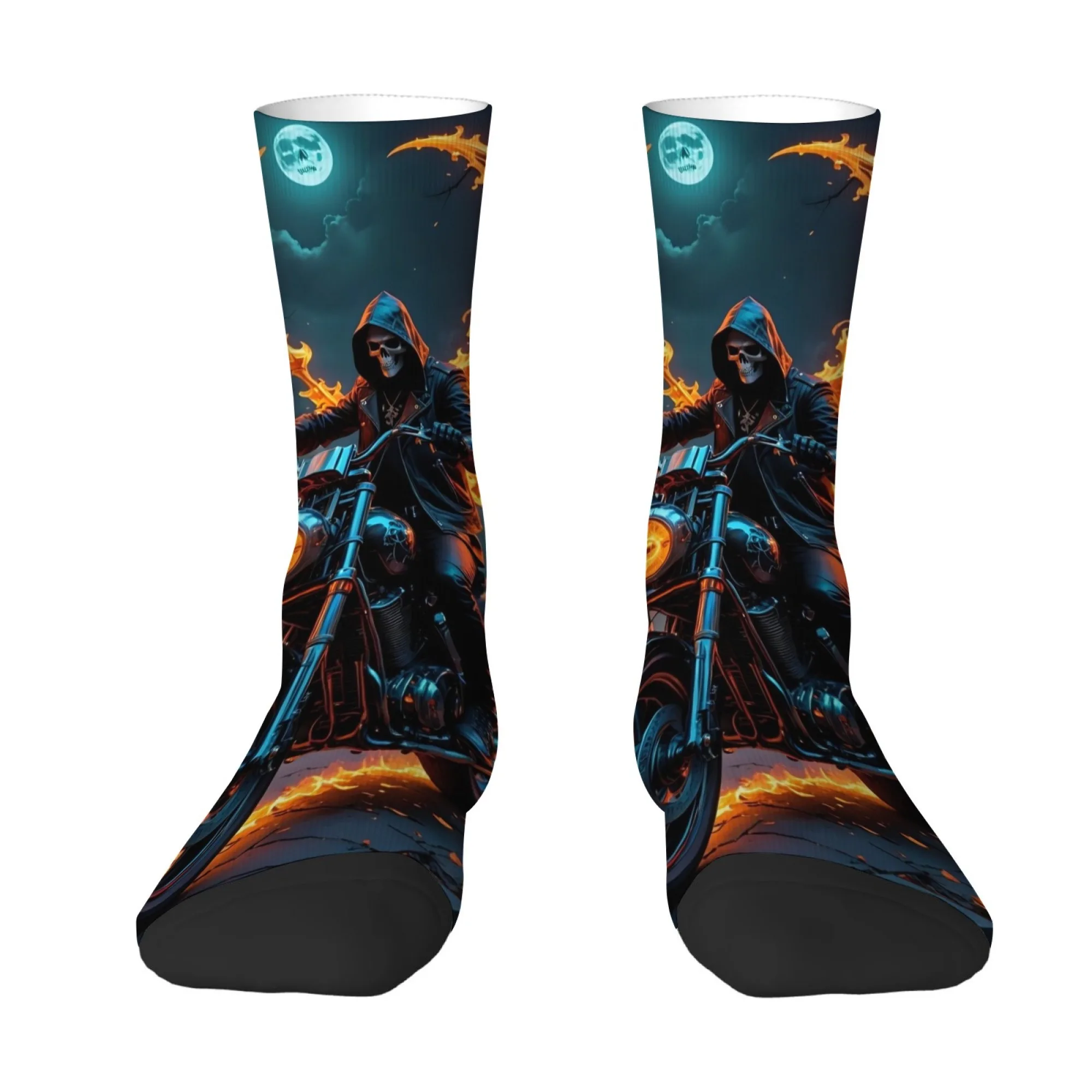 Moon and Skull Motorcycle Print Men's Socks Comfortable Breathable Soft Socks Quirky Hip Hop Fashion Fun Sports Cycling Socks