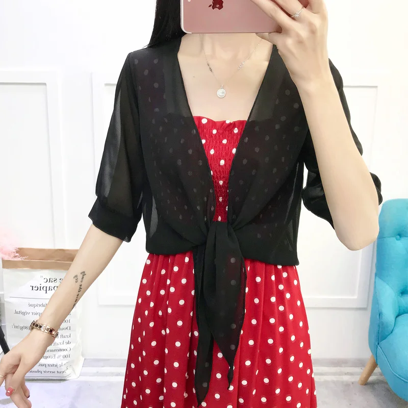 #5304 Red Black White Chiffon Coat Women Sexy Summer Sunscreen Jacket Female Half Sleeved Thin Kimono Jackets Cardigan Ladies