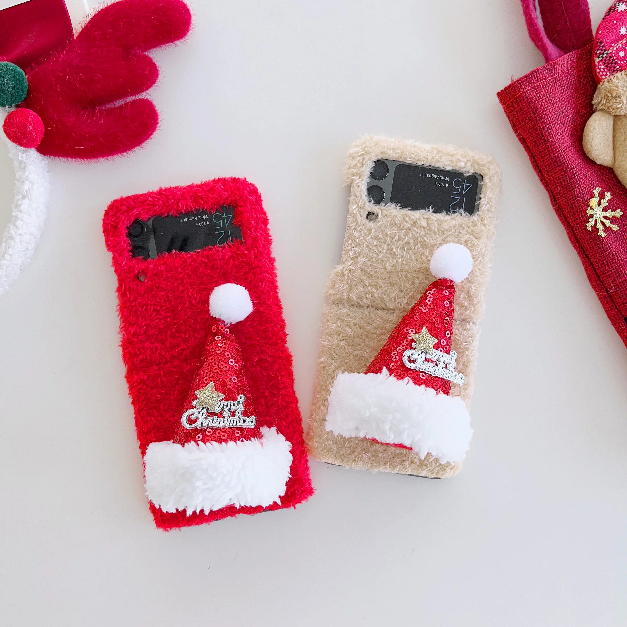 Fur Plush Christmas Phone Case For Samsung Galaxy Z Flip 3 4 5G Z Flip4 Warm Fluffy Shockproof Cover for Galaxy Z Flip3 Flip4