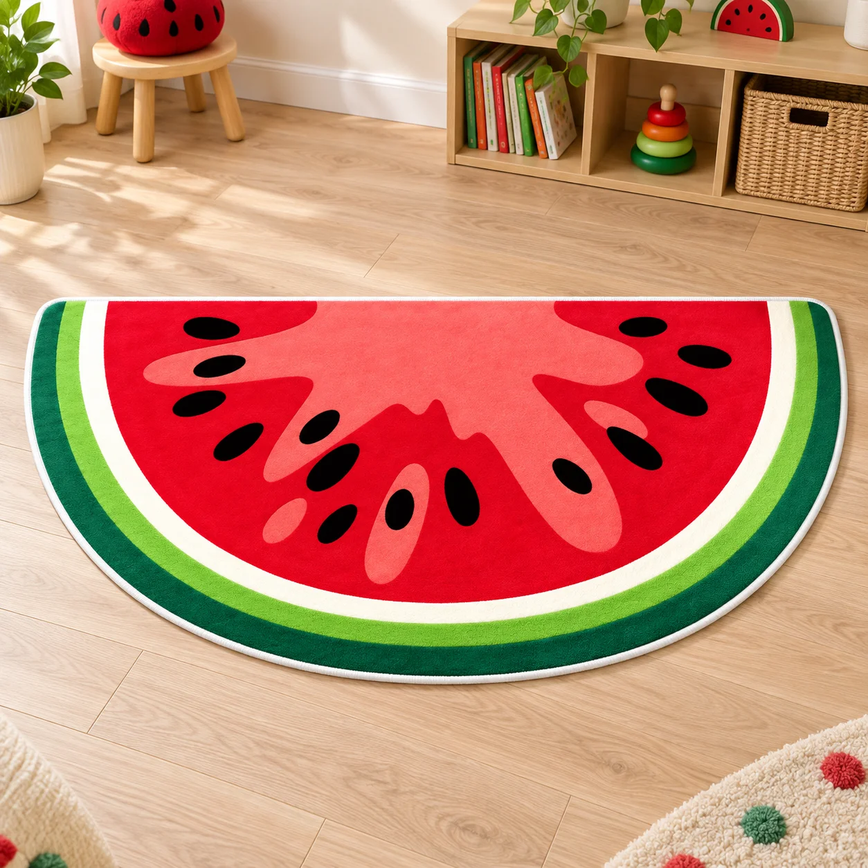 Watermelon Slice Shaped Area Rug, Colorful Fruit Irregular Floor Mat for Kitchen, Dining Room, Patio and Summer Home Decor