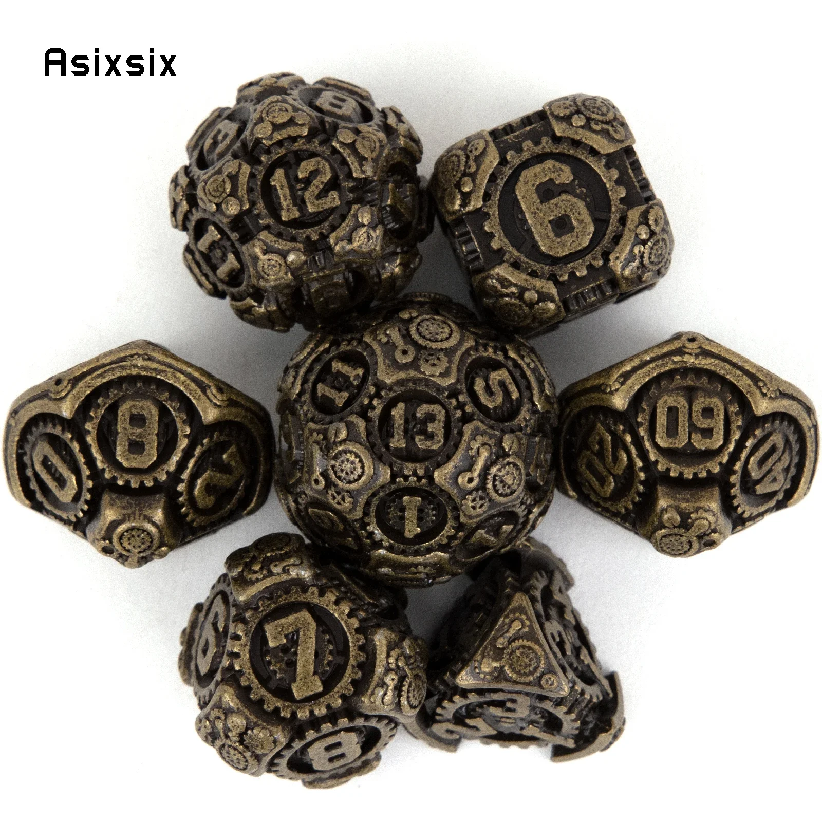 

7 Pcs Yellow Gear Wheel Metal Dice Solid Metal Polyhedral Dice Set Suitable for Role-Playing RPG Board Game Card Game