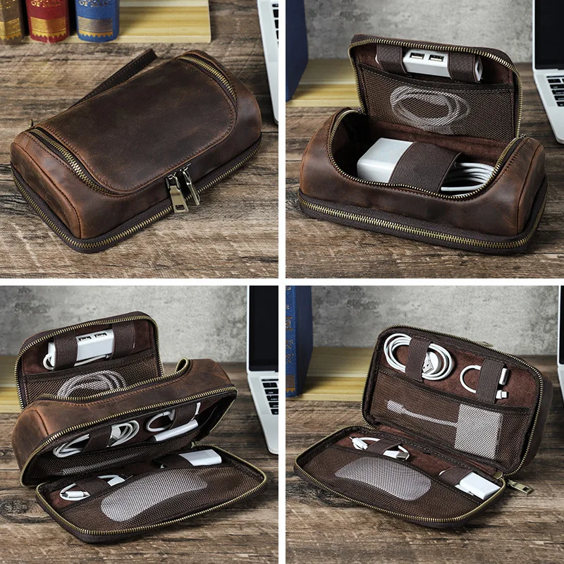 

Coffee-colored genuine leather high-end retro multi-compartment zipper hand-held digital device storage clutch