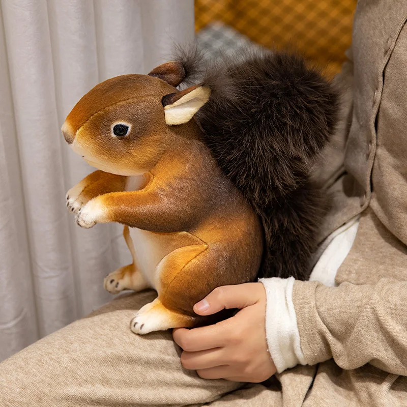 Simulation Furry Hair Squirrel Plush Toy Realistic Big Umbrella Tail Animals Cute Soft Stuffed Adorable Doll Model  Room Decor