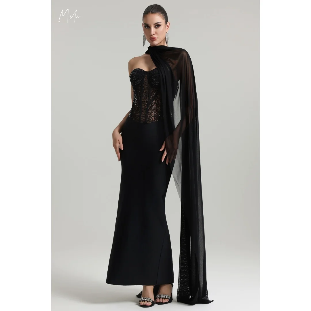 Vestidos de gala negros sin tirantes Mila con corsé de lentejuelas transparente, capa de gasa drapeada, personalizados para eventos formales.
