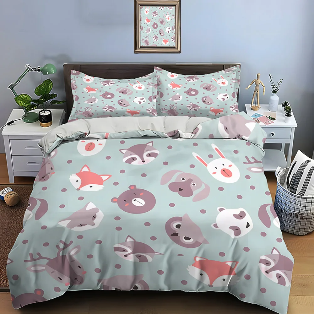 Cute cartoon forest animal avatars Print Bedding Set 1 Duvet Cover 2 Pillowcases for Adult and Children Luxury Gift Full Size
