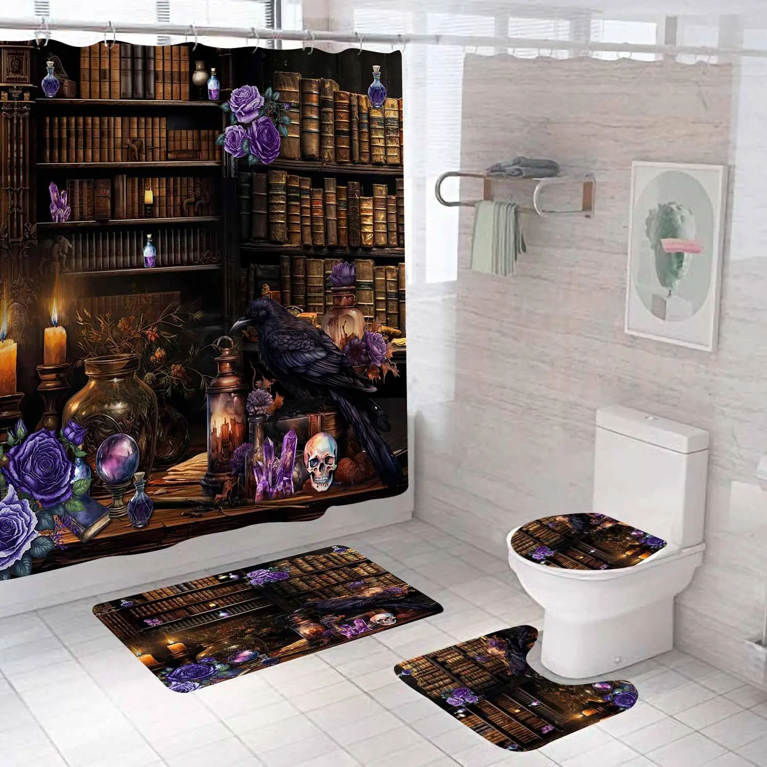 طقم ستائر دش الهالوين السحرية المكونة من 4 قطع مع سجاد، ستارة دش سوداء من القماش المقاوم للماء، معالج كتاب سحري مضحك