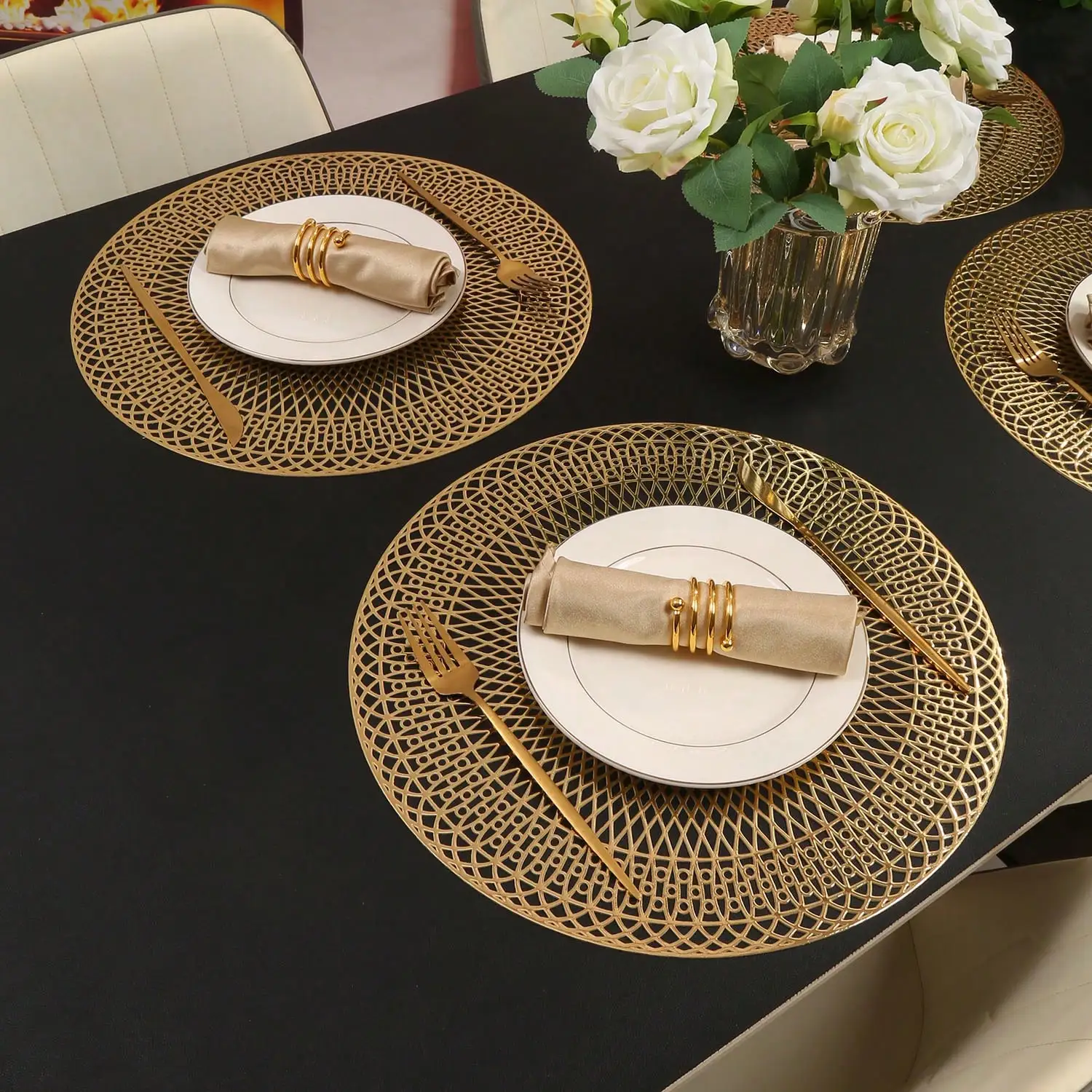 

1pc/4pcs/6pcs/8pcs/12pcs PVC Round Gold Foil Geometric Placemats, Holiday Decor, Dining Table Mats,