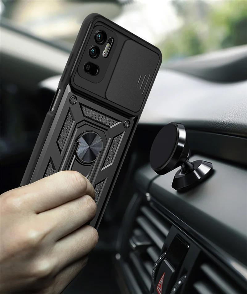 Slide Camera Lens Protection Case For Xiaomi Redmi Note 10 4G 5G 10S Car Hoder Ring Shockproof Armor Phone Cover for Poco M3 Pro