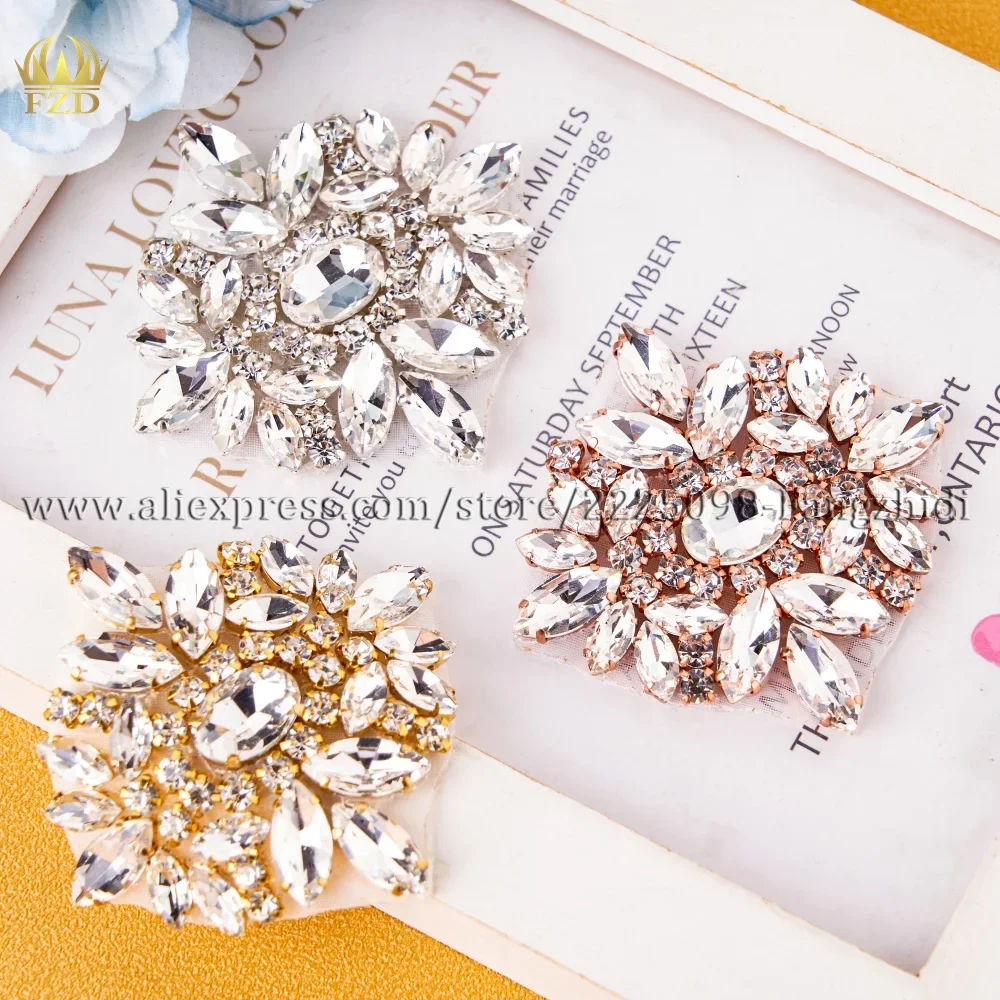 FZD 1 PC Silver Crystal Rhinestone Applique Gold Patch DIY Iron on For Wedding Dresses Shoe Accessories Rhinestone Applique