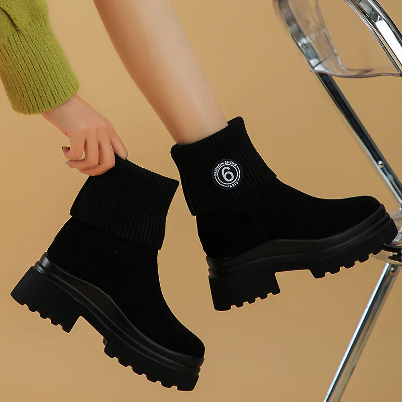 Fujin 7.5cm Genuine Leather Women Boots Flock Stretch Sock Breathable Platform Ankle Booties Suede Autumn Spring Females Shoes