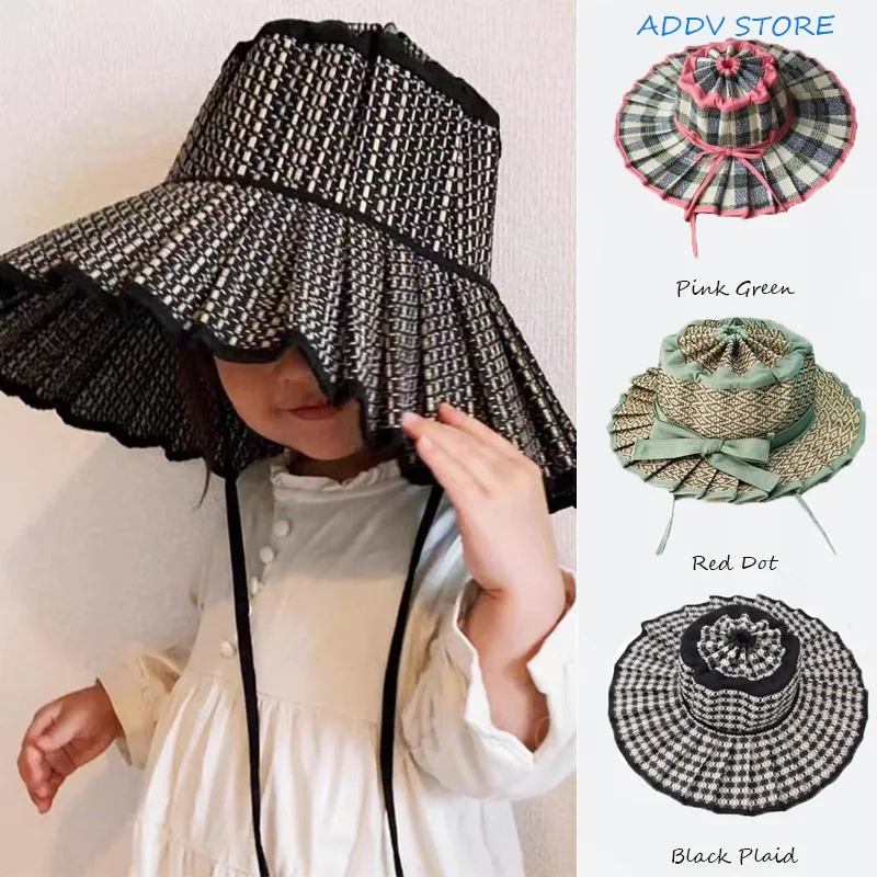 

S-XL Summer Foldable Pleated Women Sun Hat with Straps,Parent-child Style Casual Top Sunscreen Straw Hat for Outdoor Beach