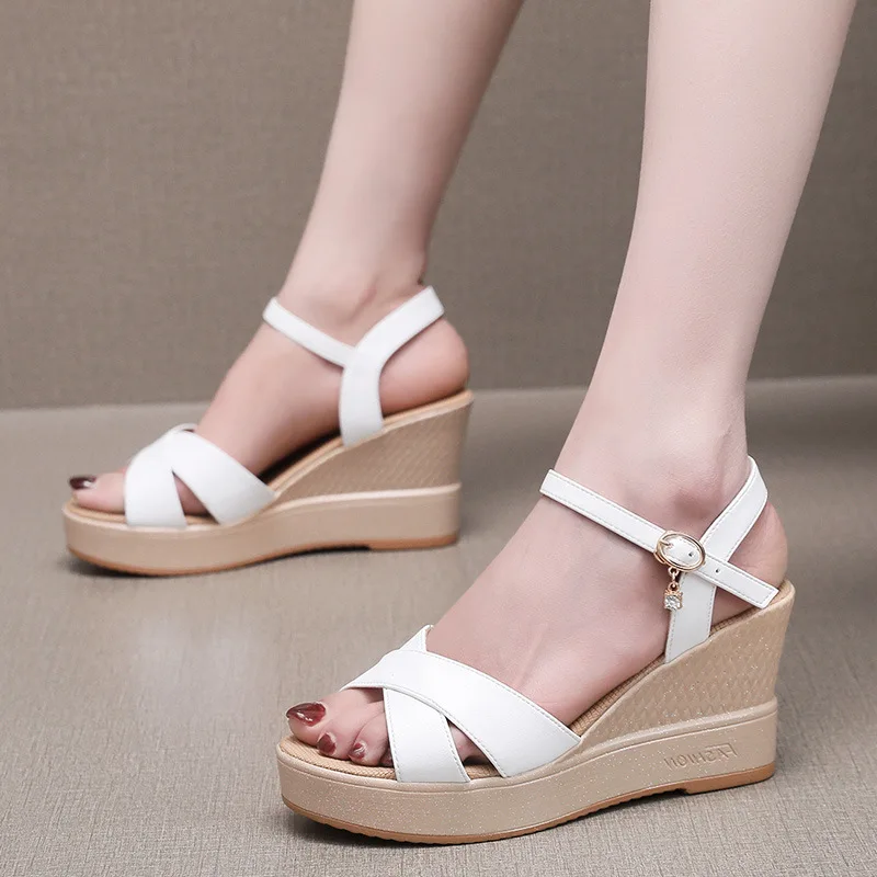 8cm Comfortable All Match Soft Leather Shoes Platform Wedges Sandals Summer Womens High Heels Sandals for Office Mom Beach