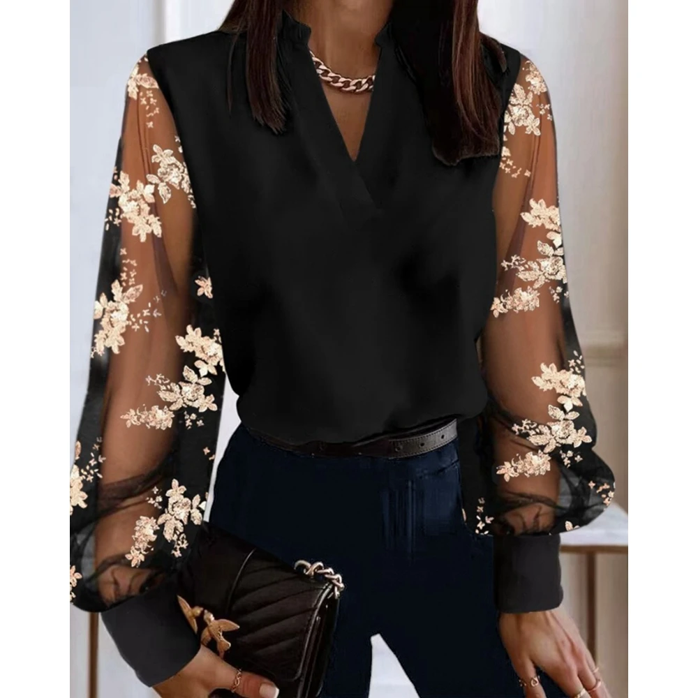 Vrouwen Contrast Borduurwerk Bloemen Doorschijnende Mesh V-Hals Ontwerp Lange Mouw Blouse Lente Femme Casual Werkkleding Shirts Office Lady